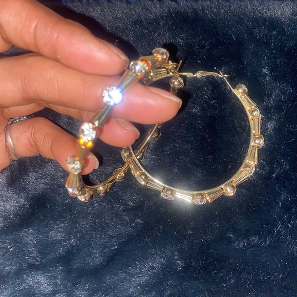 Gold tone and rhinestone large hoops - Picture 3 of 6